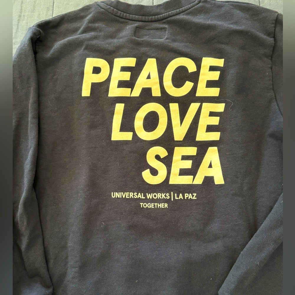 Universal Works navy sweatshirt (bought from MOTHER denim)! Peace love sea 🌊!